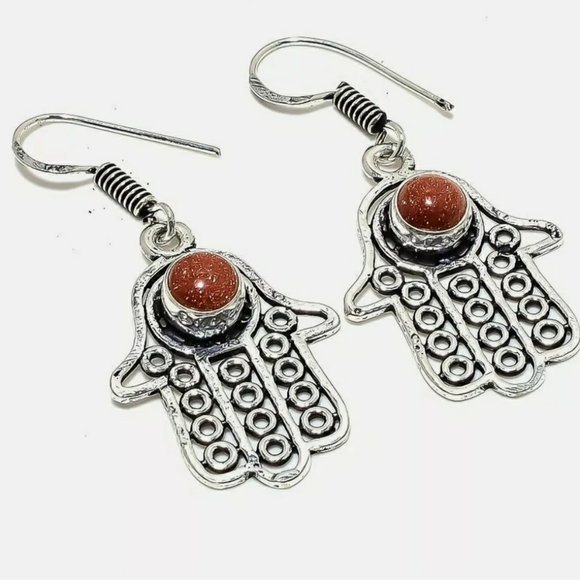 Hand Crafted Jewelry - NWB Handmade Red goldstone HAMSA God hand earrings STERLING Silver HANDMADE